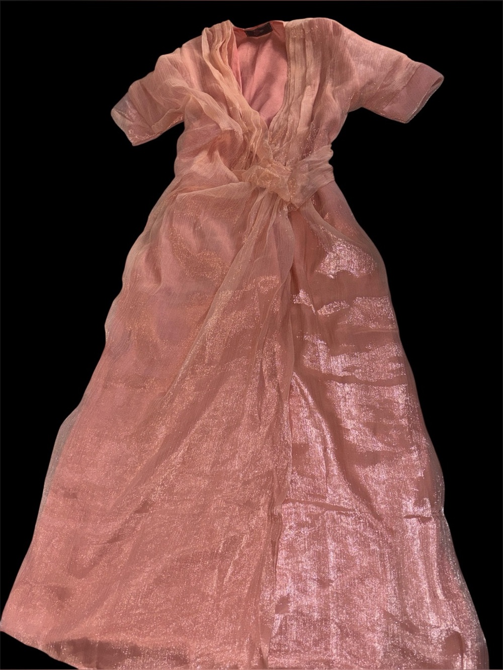 Vintage Luxe Elegant Kristeena Fliral knot Wrap Maxi Dress Sz L Peach Formal